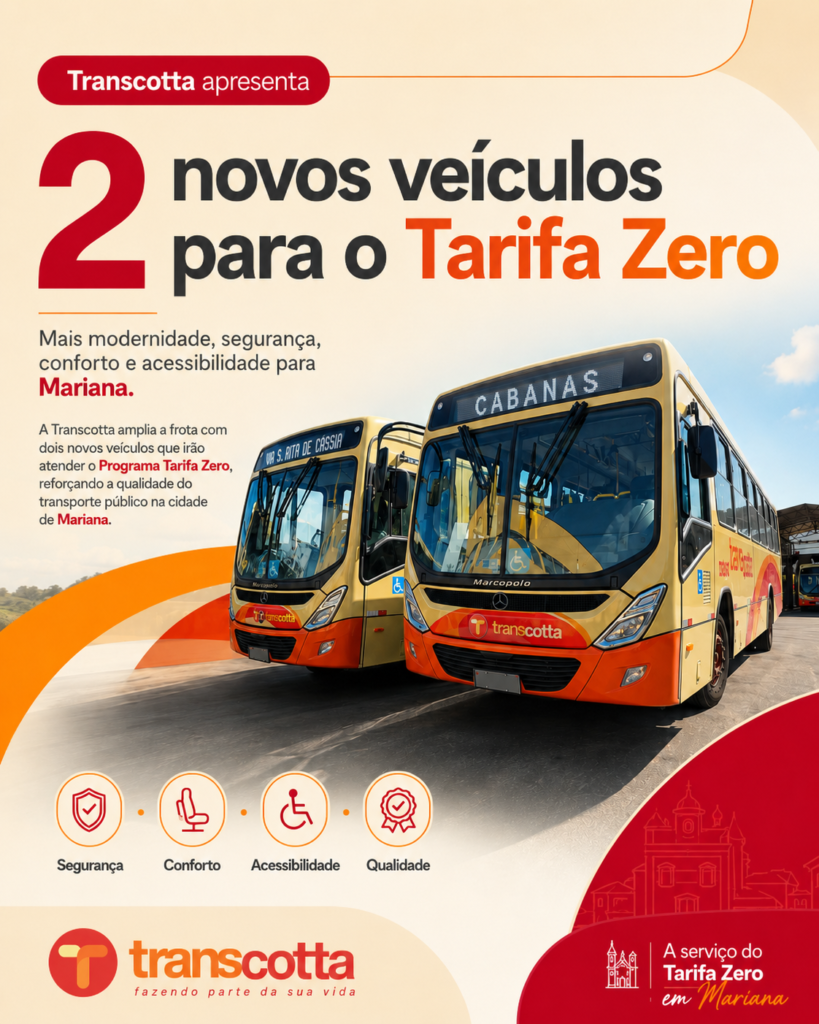 Dois novos ônibus modernos da Transcotta para o programa Tarifa Zero em Mariana, indicando as rotas Cabanas e Via S. Rita de Cássia.